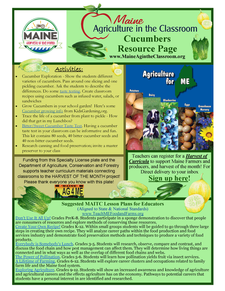 Maine Harvest of the Month PreK-12 Teaching Units - Cucumbers Resource Page (Digital Download)