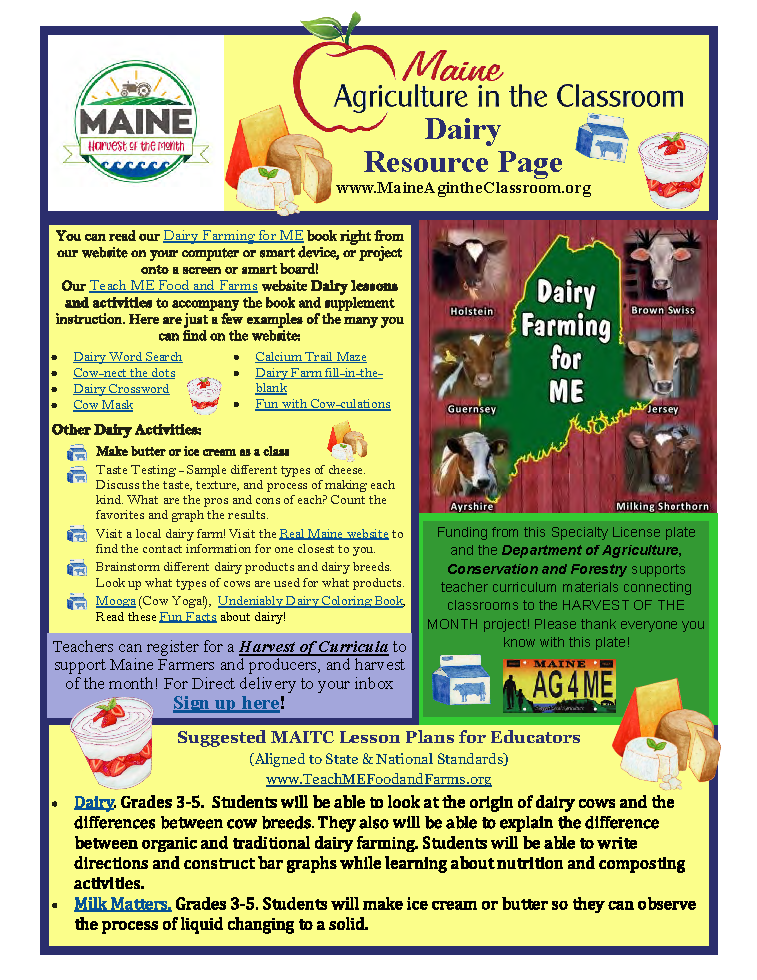 Maine Harvest of the Month PreK-12 Teaching Units - Dairy Resource Page (Digital Download)