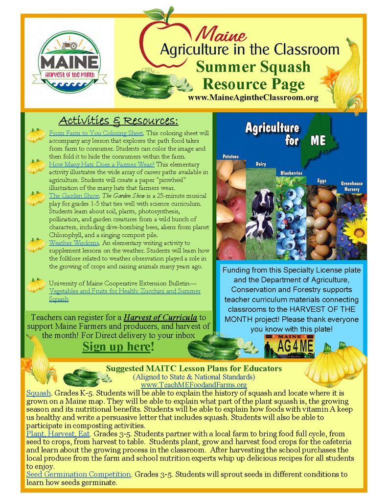 Maine Harvest of the Month PreK-12 Teaching Units - Summer Squash Resource Page (Digital Download)