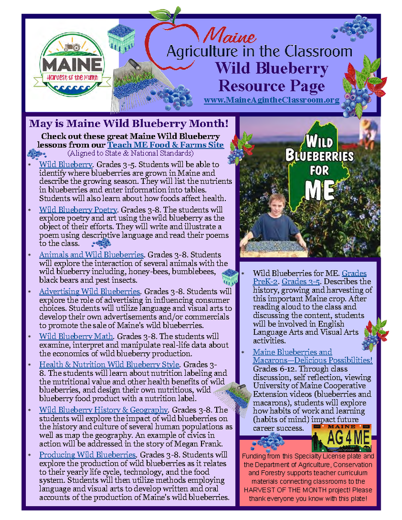 Maine Harvest of the Month PreK-12 Teaching Units - Wild Blueberry Resource Page (Digital Download)