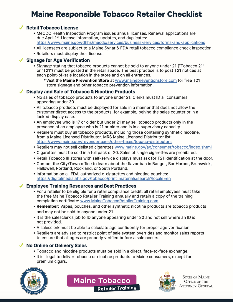 Maine Tobacco Retailer - Compliance Checklist (Digital Download)